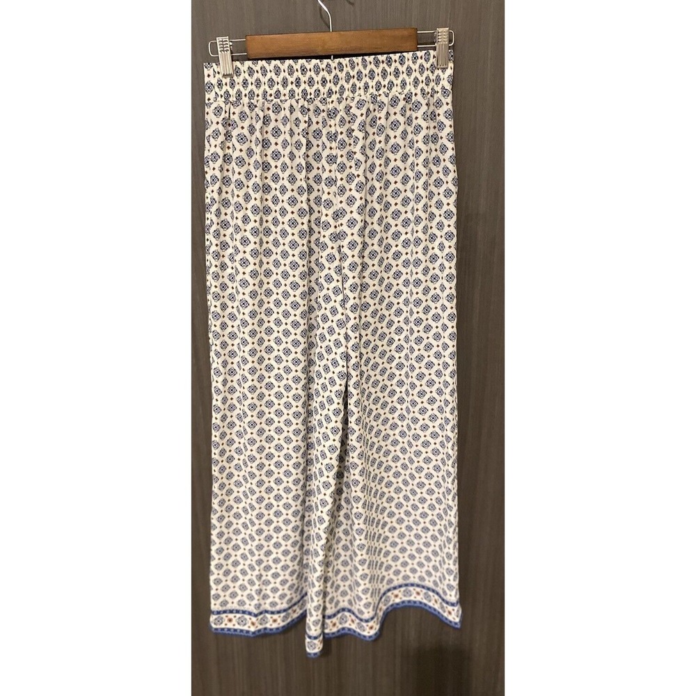 Max Studio Women's XS Crepe Wide Leg Palazzo Pant Blue Geometric Print White NEW